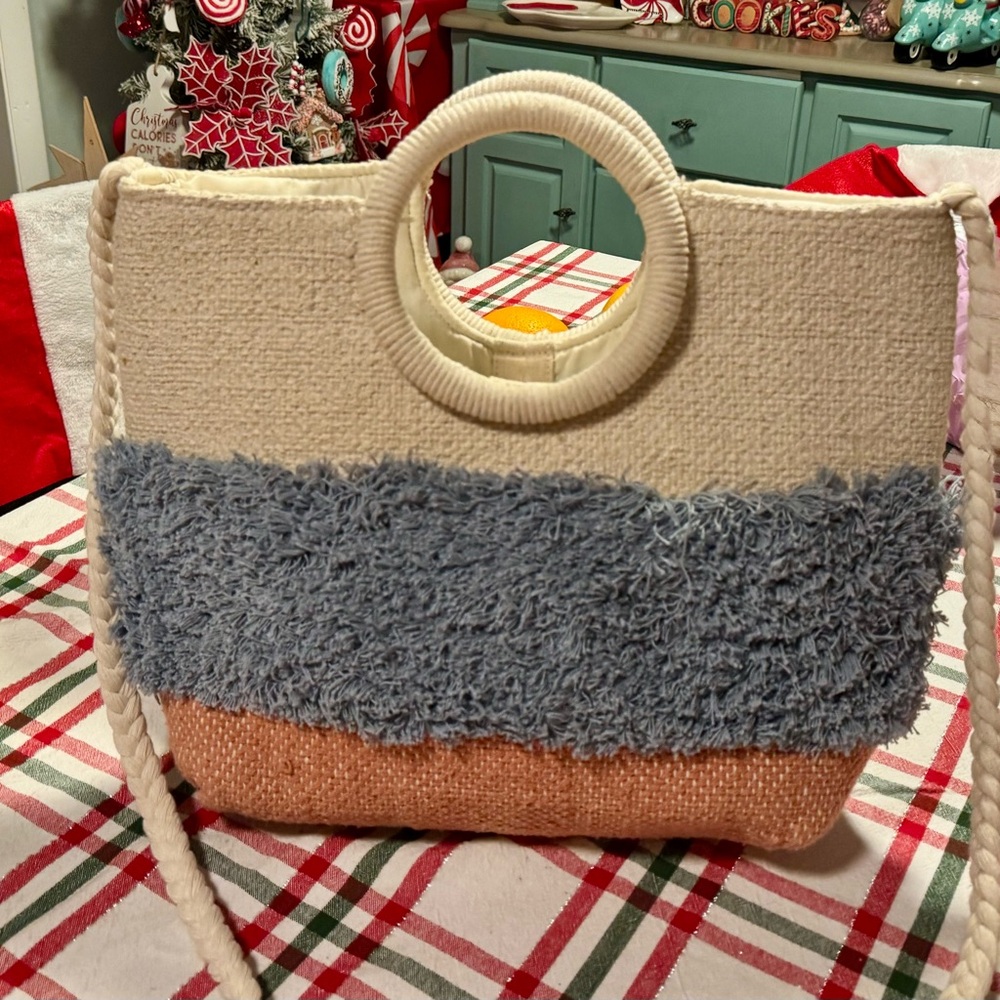 Nanette Lepore Cream, Gray, and Tan Tote Bag with ring handles